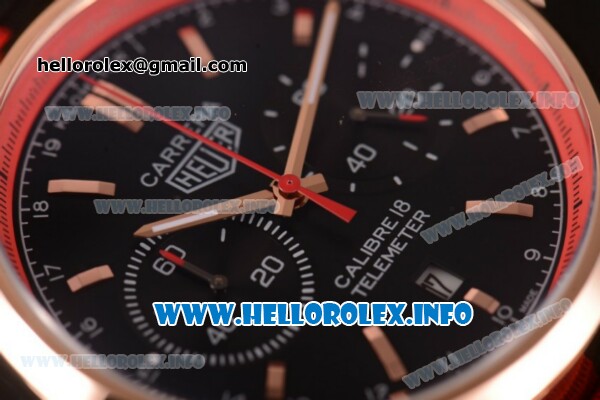 Tag Heuer Carrera Calibre 18 Miyota Quartz Rose Gold Case with Red Inner Bezel Black Dial Stick Markers and Red/Black Nylon Strap - Click Image to Close